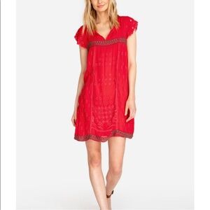 JOHNNY WAS Red Daisy Eyelet Embroidery Dress Bohemian Boho Festival NO SLIP Sm